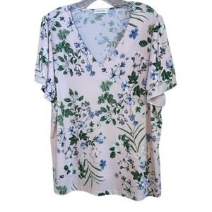 Calvin Klein Women's‎ Pink Floral Print V-Neck Short Sleeve Blouse 1X
